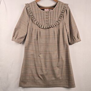 Whimsigoth Juicy Couture Sz 4  Dress Wool 97% Brown Plaid Tie Back Puff Sleeve